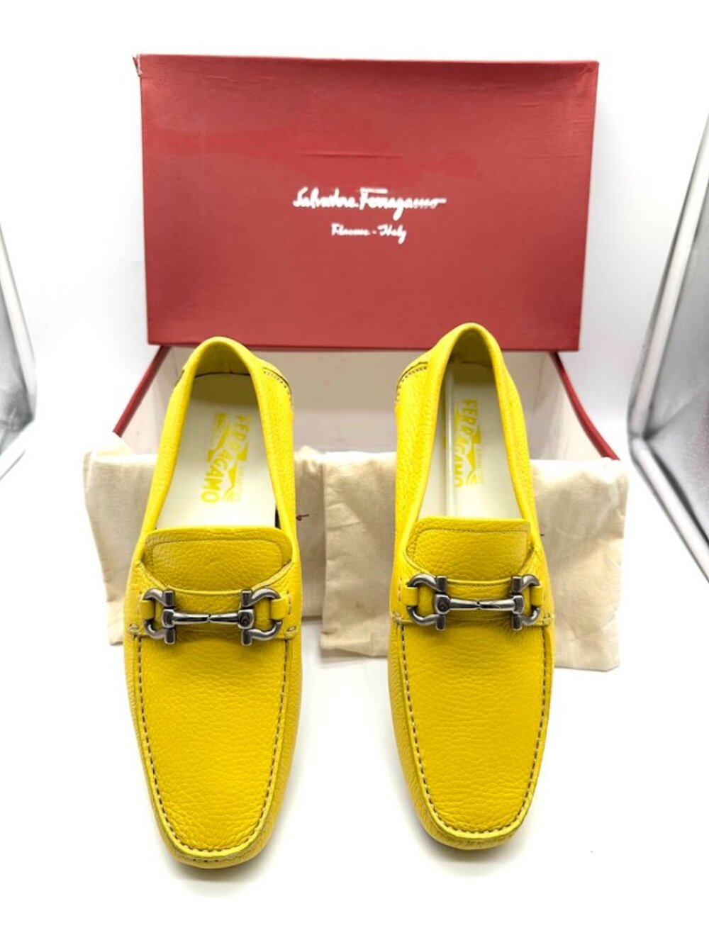 Salvatore Ferragamo Yellow Leather Driver Loafers Shoes New Sz 7